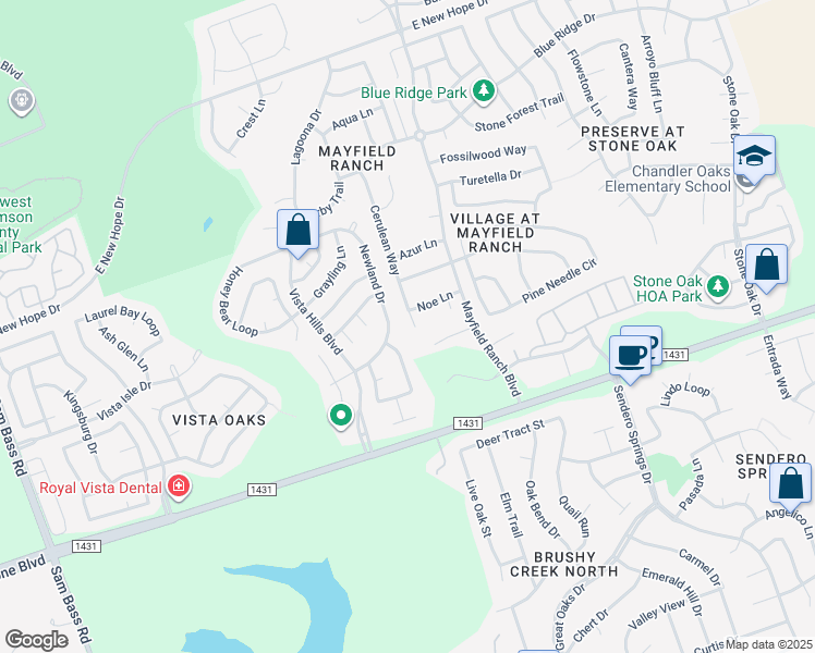 map of restaurants, bars, coffee shops, grocery stores, and more near 3608 Cerulean Way in Round Rock