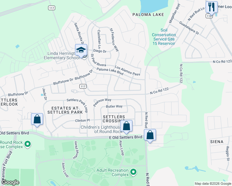 map of restaurants, bars, coffee shops, grocery stores, and more near 2462 Santa Barbara Loop in Round Rock