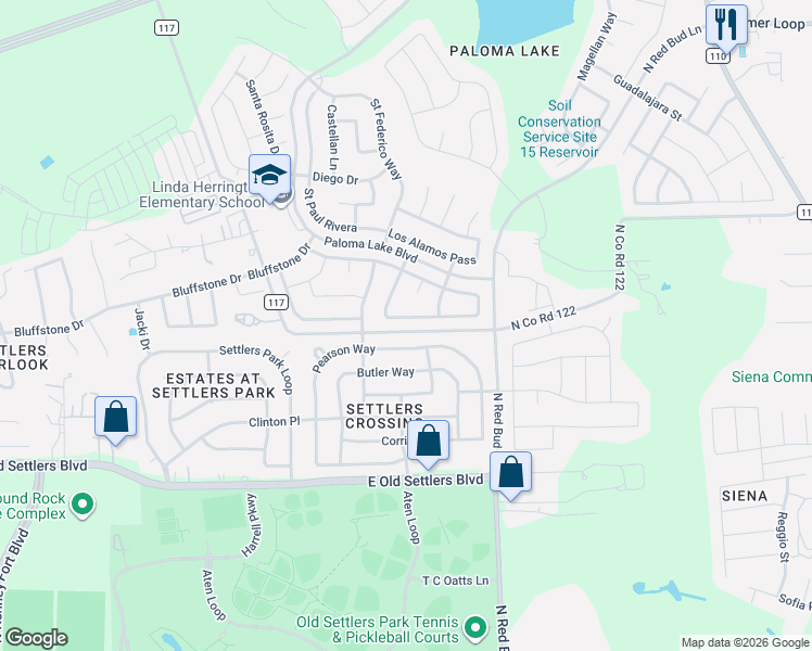 map of restaurants, bars, coffee shops, grocery stores, and more near 2462 Santa Barbara Loop in Round Rock