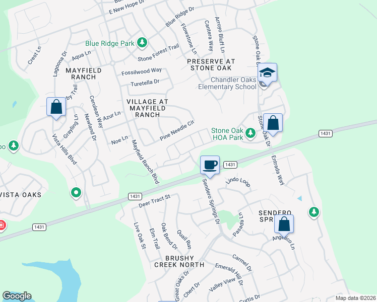 map of restaurants, bars, coffee shops, grocery stores, and more near 3451 Mayfield Ranch Boulevard in Round Rock