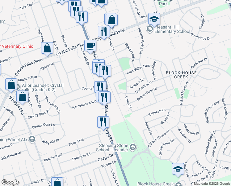 map of restaurants, bars, coffee shops, grocery stores, and more near 2017 Garrison Drive in Leander
