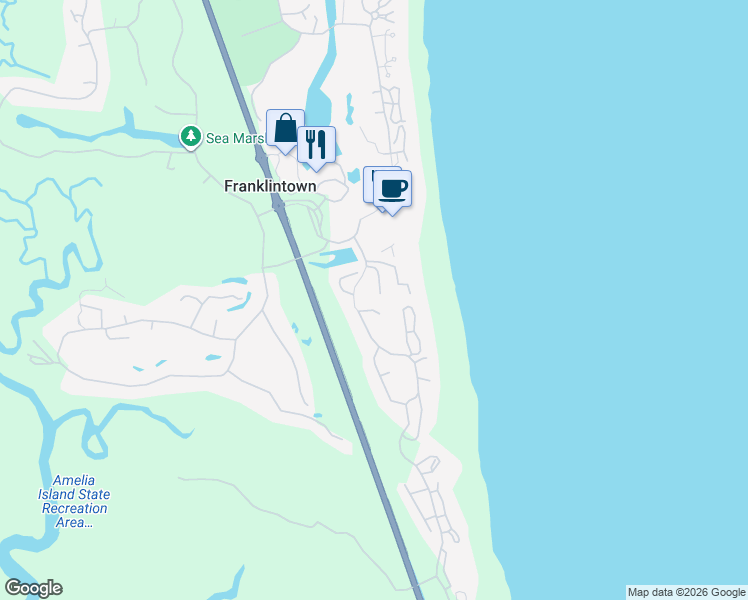 map of restaurants, bars, coffee shops, grocery stores, and more near 8 Green Winged Teal Road in Fernandina Beach