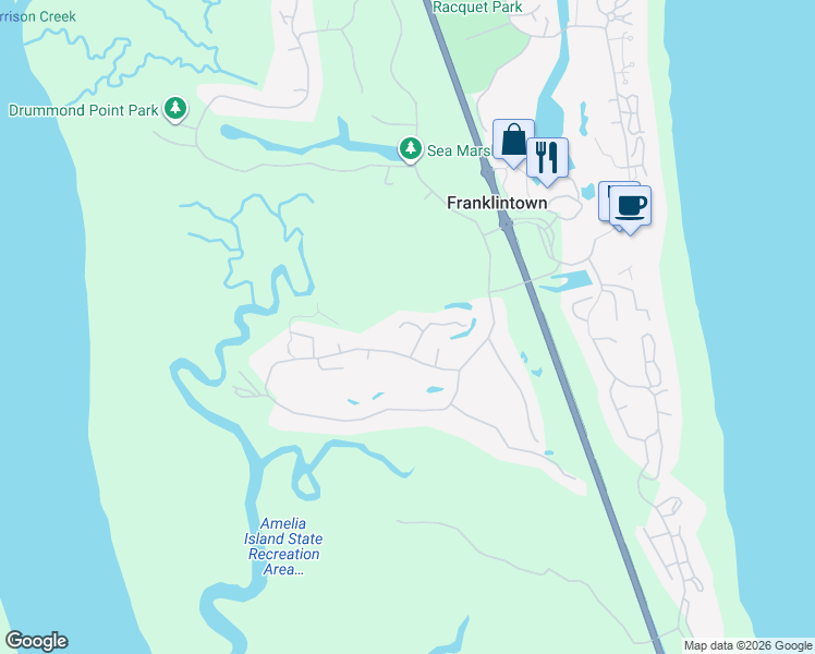 map of restaurants, bars, coffee shops, grocery stores, and more near 12 Belted Kingfisher Road in Fernandina Beach