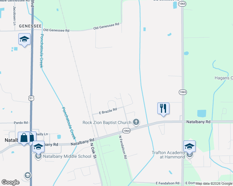 map of restaurants, bars, coffee shops, grocery stores, and more near 48165 Brownsville Road in Tickfaw