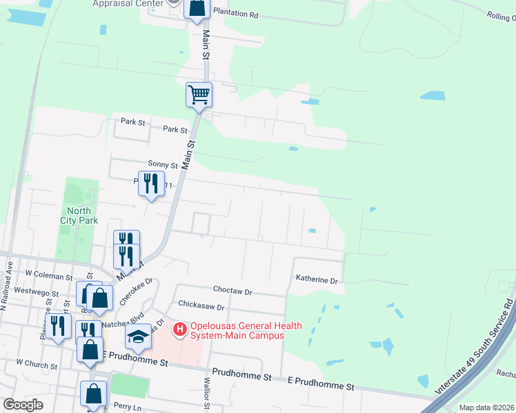 map of restaurants, bars, coffee shops, grocery stores, and more near 1929 Johnson Street in Opelousas