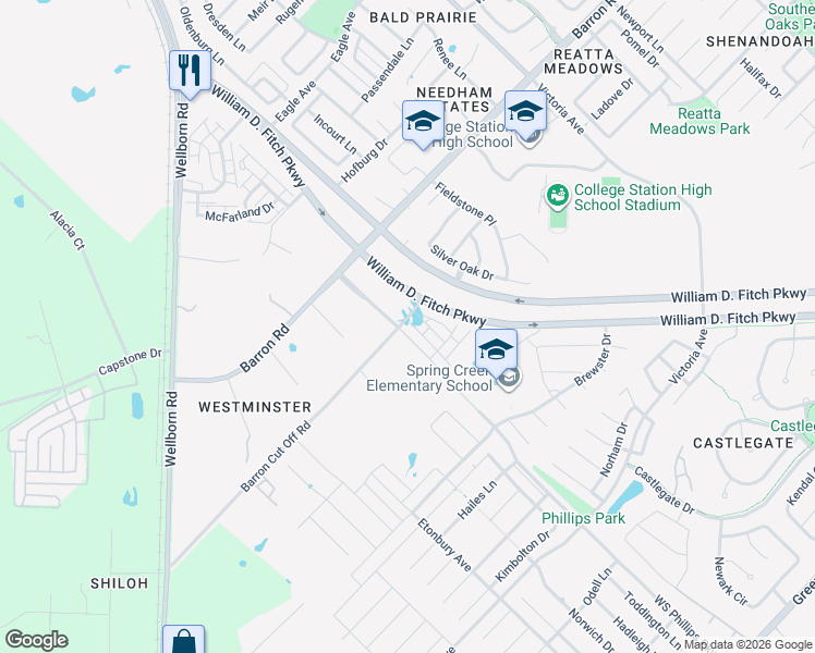 map of restaurants, bars, coffee shops, grocery stores, and more near 3901 WS Phillips Parkway in College Station