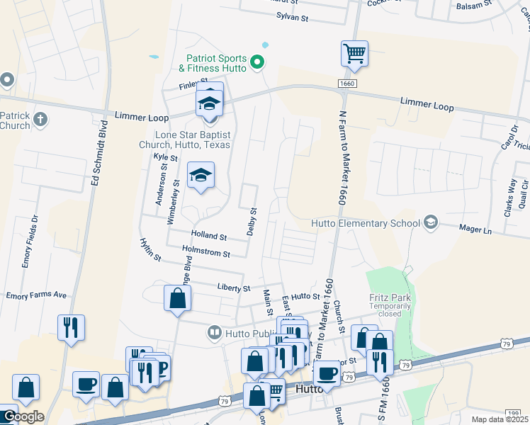 map of restaurants, bars, coffee shops, grocery stores, and more near 927 Main Street in Hutto