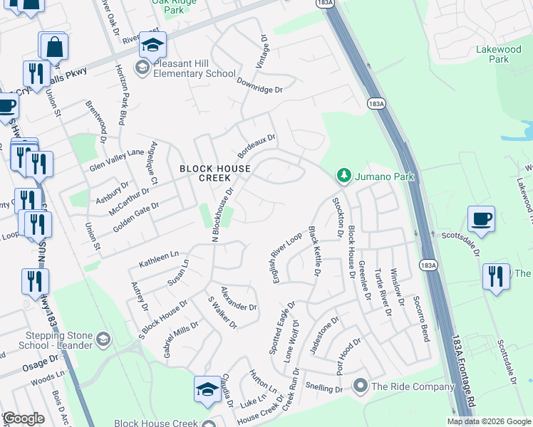 map of restaurants, bars, coffee shops, grocery stores, and more near 1015 Moser River Drive in Leander