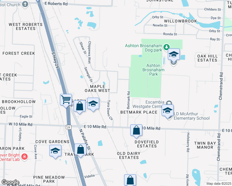 map of restaurants, bars, coffee shops, grocery stores, and more near 10965 Tara Dawn Circle in Pensacola