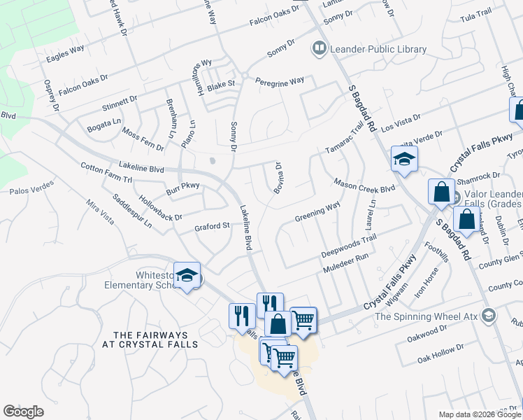 map of restaurants, bars, coffee shops, grocery stores, and more near 1605 Bovina Drive in Leander