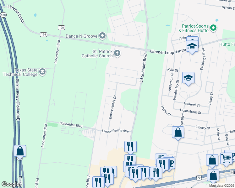 map of restaurants, bars, coffee shops, grocery stores, and more near 204 Emory Fields Drive in Hutto