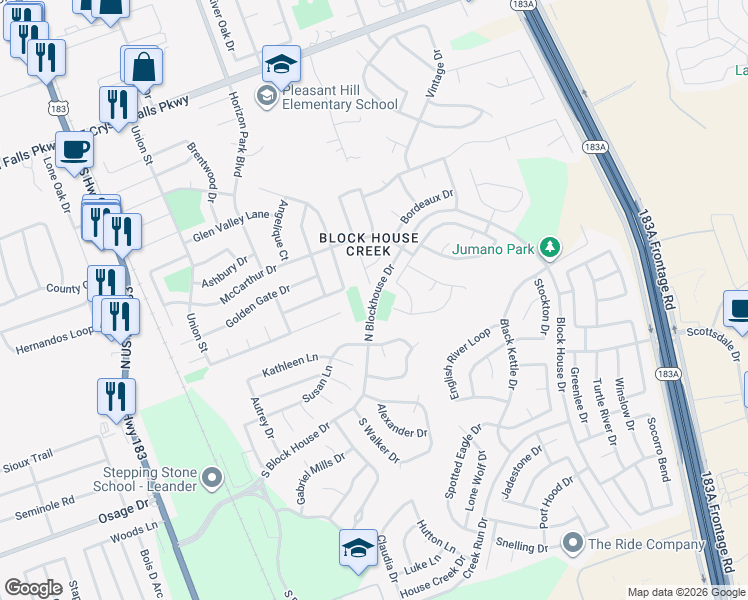 map of restaurants, bars, coffee shops, grocery stores, and more near North Blockhouse Drive in Leander
