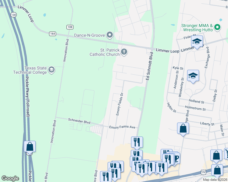 map of restaurants, bars, coffee shops, grocery stores, and more near 1010 South Pasture Drive in Hutto