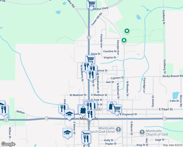 map of restaurants, bars, coffee shops, grocery stores, and more near 860 North Jefferson Street in Monticello