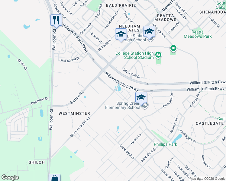 map of restaurants, bars, coffee shops, grocery stores, and more near 3901 WS Phillips Parkway in College Station
