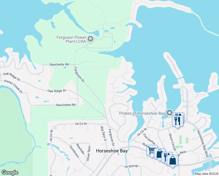 map of restaurants, bars, coffee shops, grocery stores, and more near 103 Cochise Circle in Horseshoe Bay