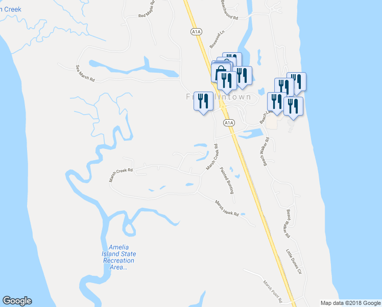 map of restaurants, bars, coffee shops, grocery stores, and more near Belted Kingfisher Road in Fernandina Beach