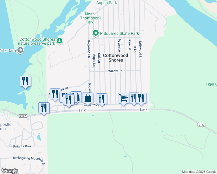 map of restaurants, bars, coffee shops, grocery stores, and more near 630 Aspen Lane in Cottonwood Shores