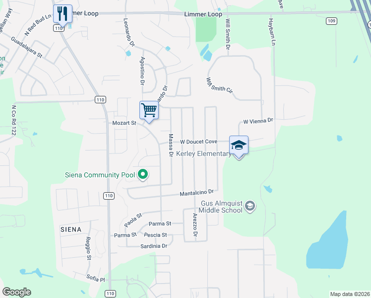 map of restaurants, bars, coffee shops, grocery stores, and more near 8010 Arezzo Drive in Round Rock