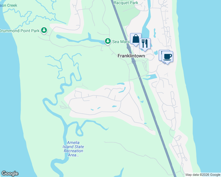 map of restaurants, bars, coffee shops, grocery stores, and more near 12 Belted Kingfisher Road in Fernandina Beach