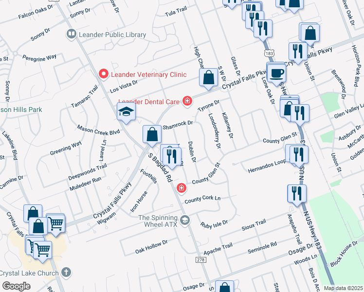 map of restaurants, bars, coffee shops, grocery stores, and more near 1804 Ireland Drive in Leander