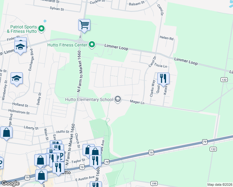 map of restaurants, bars, coffee shops, grocery stores, and more near 101 Mager Lane in Hutto