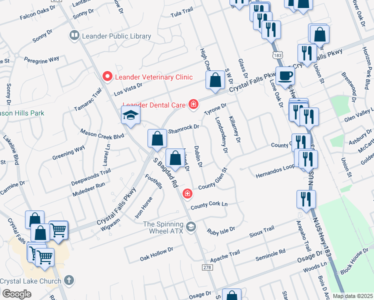 map of restaurants, bars, coffee shops, grocery stores, and more near 1804 Ireland Drive in Leander