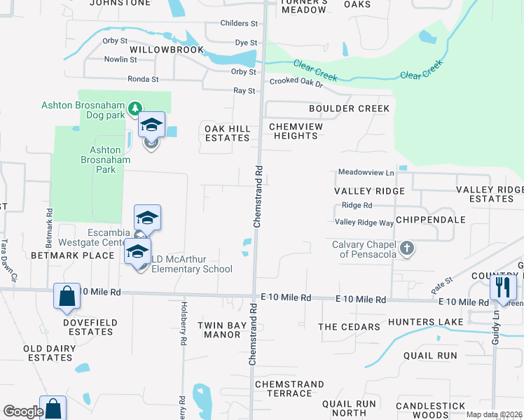 map of restaurants, bars, coffee shops, grocery stores, and more near 10608 Chemstrand Road in Pensacola