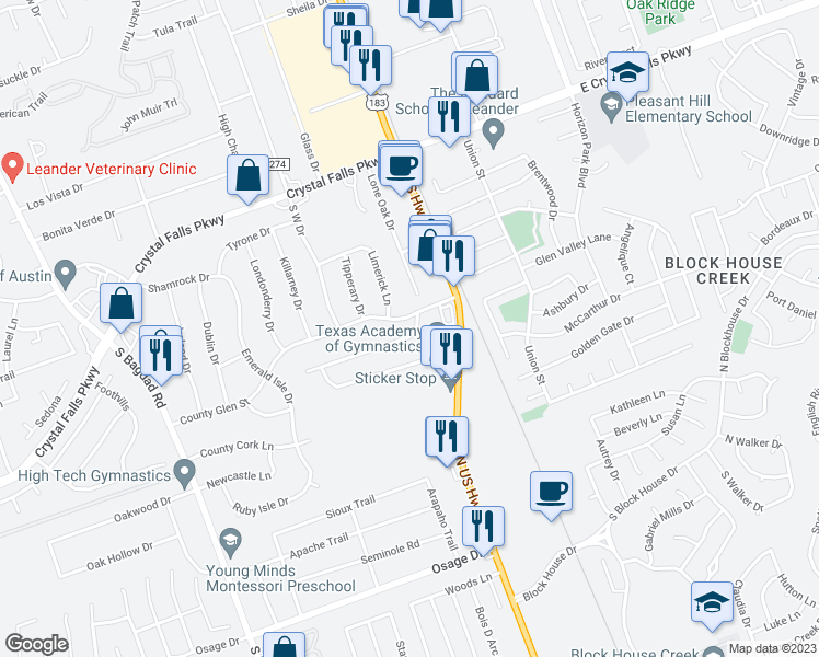 map of restaurants, bars, coffee shops, grocery stores, and more near 201 Hernandos Loop in Leander