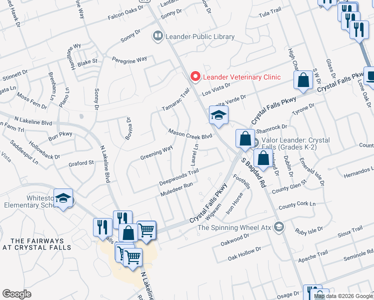map of restaurants, bars, coffee shops, grocery stores, and more near 1710 Parkwood Drive in Leander