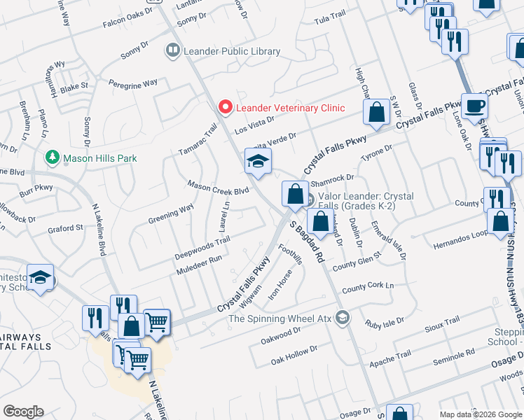 map of restaurants, bars, coffee shops, grocery stores, and more near 1804 Twisted Oak Drive in Leander