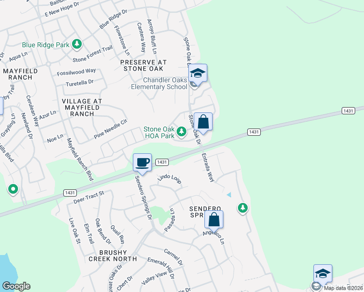 map of restaurants, bars, coffee shops, grocery stores, and more near 3714 Top Rock Lane in Round Rock