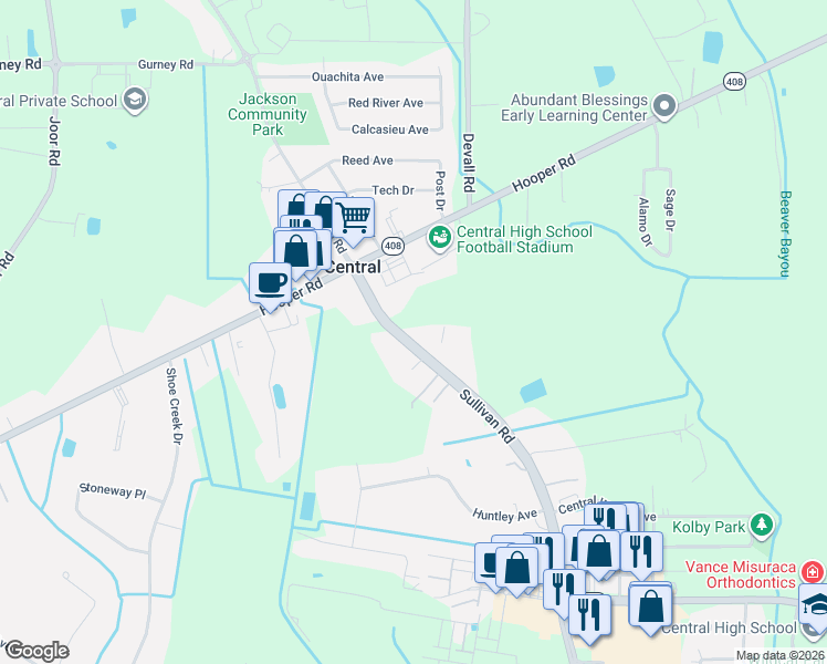 map of restaurants, bars, coffee shops, grocery stores, and more near 11424 Sullivan Road in Baton Rouge