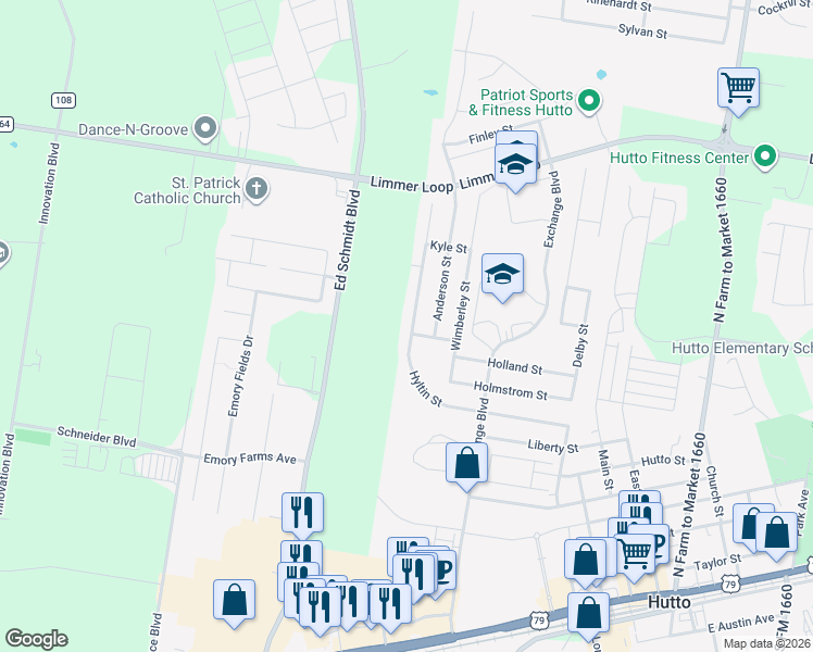 map of restaurants, bars, coffee shops, grocery stores, and more near 303 Hyltin Street in Hutto