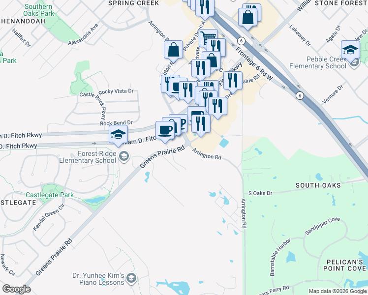 map of restaurants, bars, coffee shops, grocery stores, and more near 1601-1679 Greens Prairie Road West in College Station
