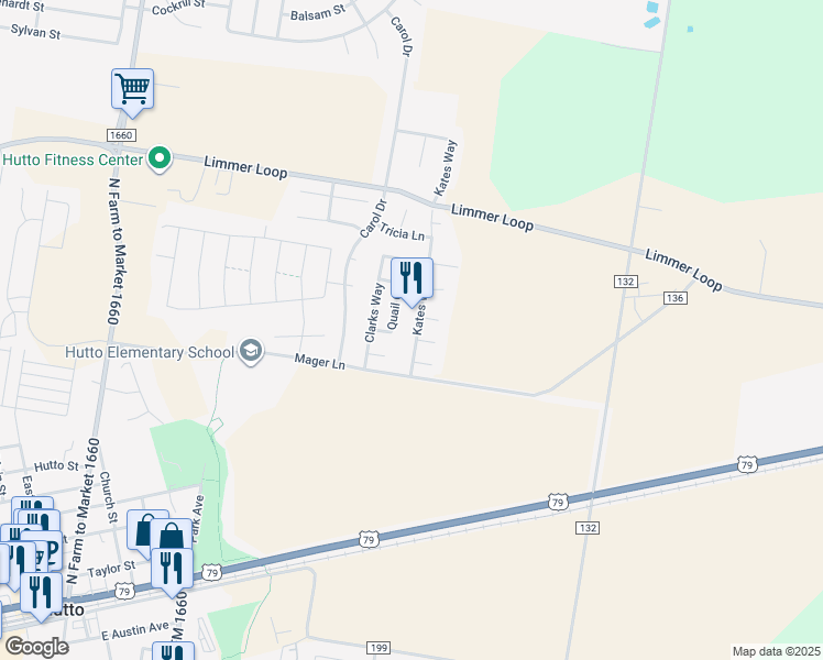 map of restaurants, bars, coffee shops, grocery stores, and more near 305 Kates Way in Hutto