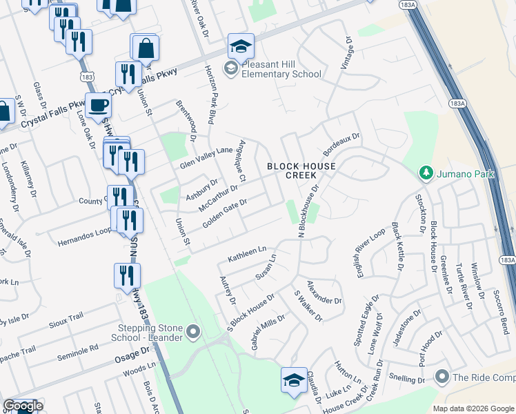 map of restaurants, bars, coffee shops, grocery stores, and more near 601 Lafayette Square Drive in Leander