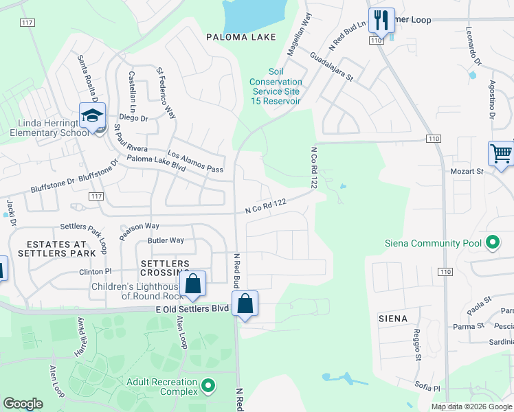 map of restaurants, bars, coffee shops, grocery stores, and more near 1531 North Red Bud Lane in Round Rock