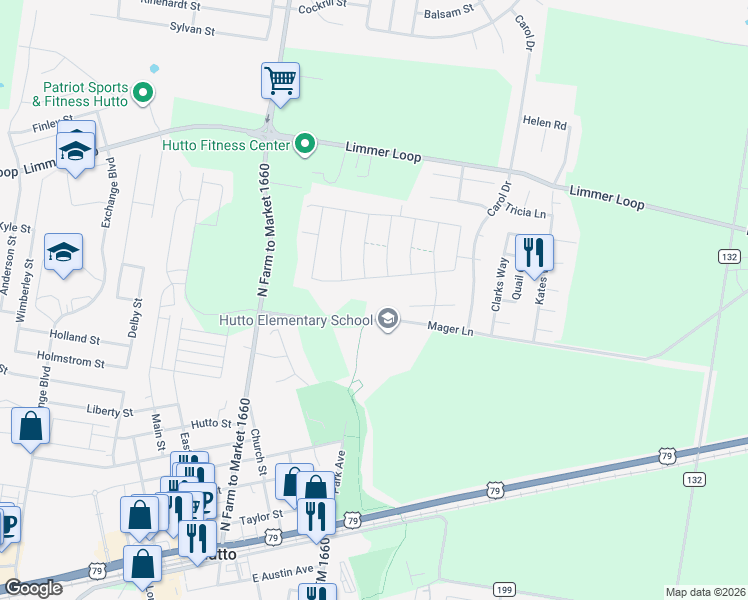 map of restaurants, bars, coffee shops, grocery stores, and more near 99 Mager Lane in Hutto