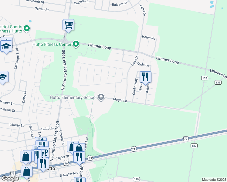 map of restaurants, bars, coffee shops, grocery stores, and more near 1001 Pembroke Court in Hutto