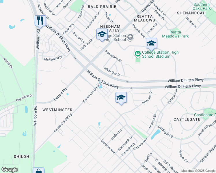 map of restaurants, bars, coffee shops, grocery stores, and more near 3923 Yukon Lane in College Station