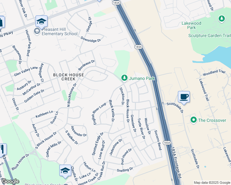 map of restaurants, bars, coffee shops, grocery stores, and more near 16821 Black Kettle Drive in Leander