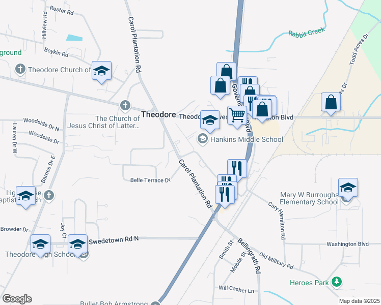 map of restaurants, bars, coffee shops, grocery stores, and more near 5750 Katherine Hankins Drive in Theodore