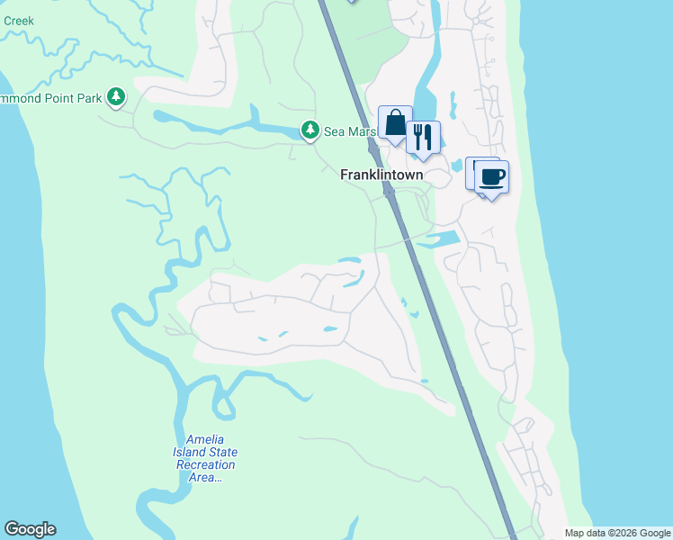 map of restaurants, bars, coffee shops, grocery stores, and more near 19 Belted Kingfisher Road in Fernandina Beach
