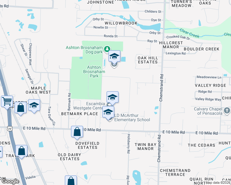 map of restaurants, bars, coffee shops, grocery stores, and more near 330 East 10 Mile Road in Pensacola