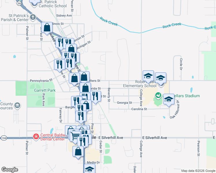 map of restaurants, bars, coffee shops, grocery stores, and more near 18686 Florida Street in Robertsdale