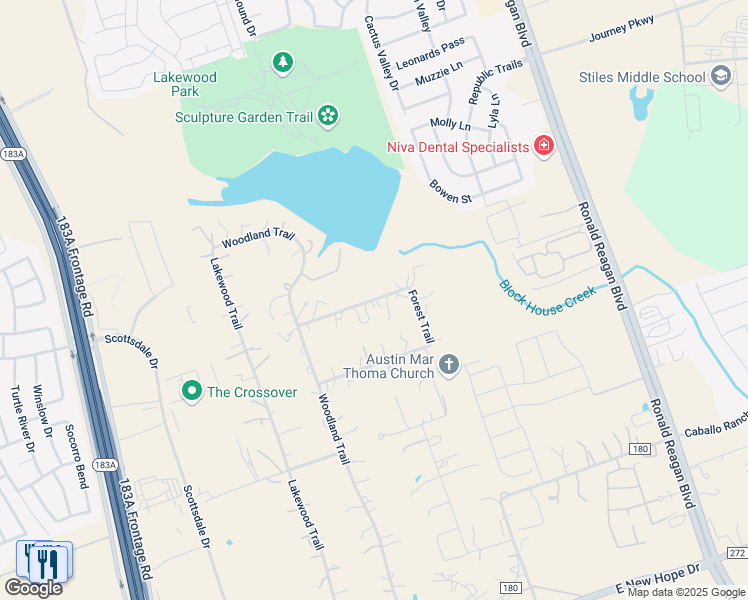map of restaurants, bars, coffee shops, grocery stores, and more near 113 Forest Trail in Leander