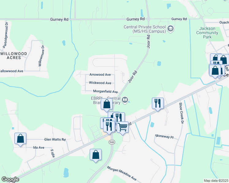 map of restaurants, bars, coffee shops, grocery stores, and more near 11701 Spring Meadow Drive in Baton Rouge