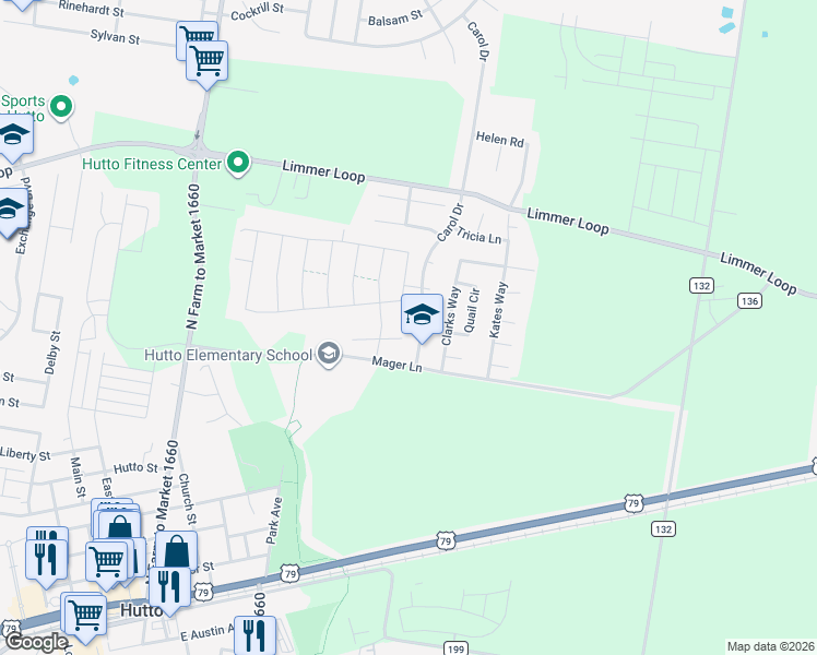 map of restaurants, bars, coffee shops, grocery stores, and more near 110 Carol Drive in Hutto