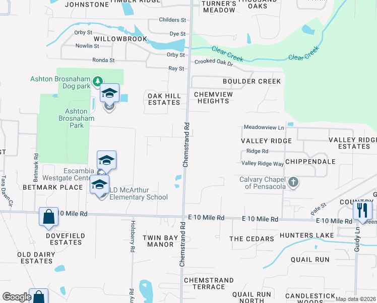 map of restaurants, bars, coffee shops, grocery stores, and more near 10608 Chemstrand Road in Pensacola